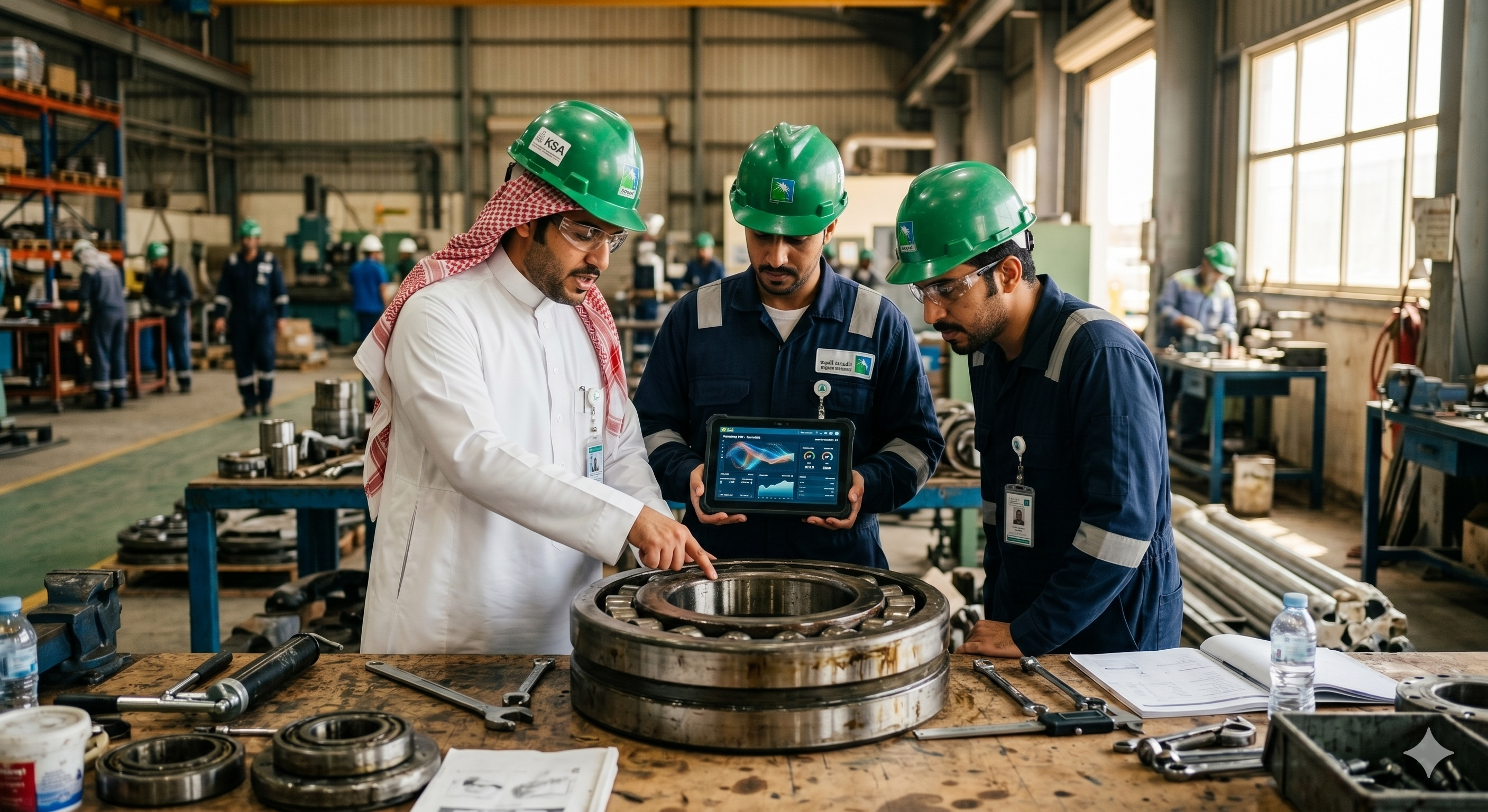 Ertefaa engineers inspecting an industrial bearing in a Saudi factory