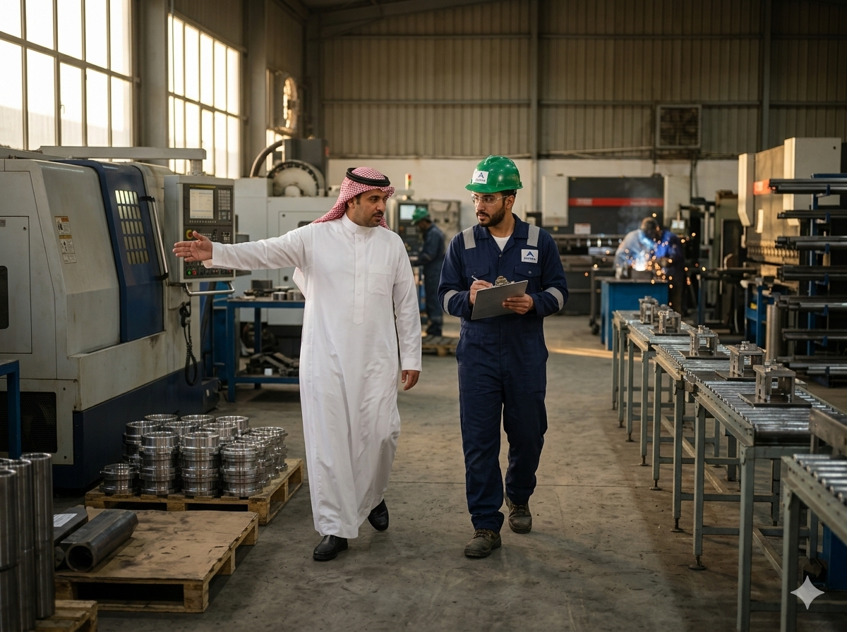 Saudi factory GM walking the floor with an Ertefaa engineer